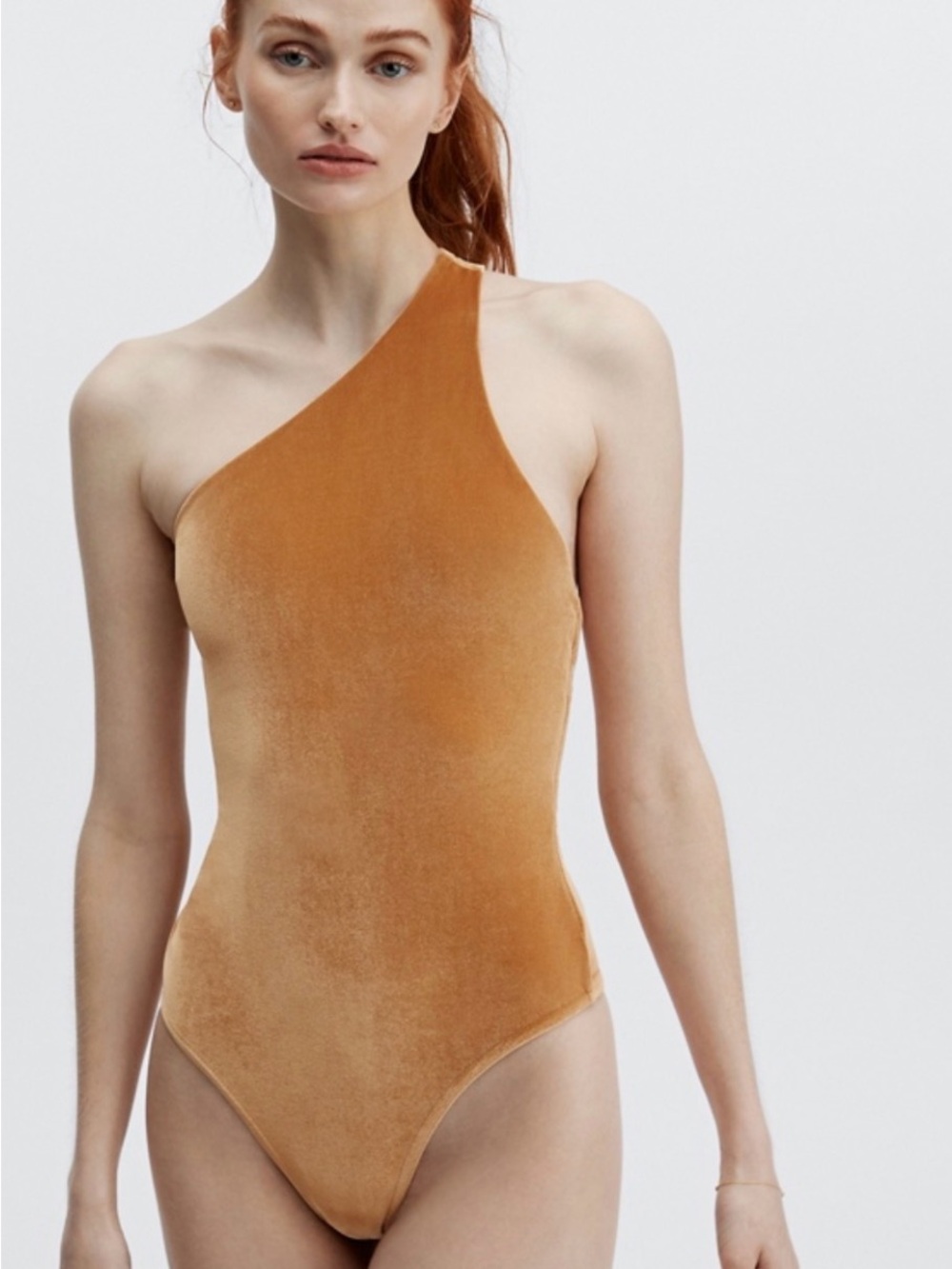 Fabletics One-Shoulder Velvet Bodysuit in Camel Tan